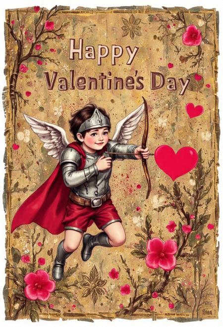 Text: "Happy Valentine's Day!"
Cupid in armor shoots a heart arrow from a bow.