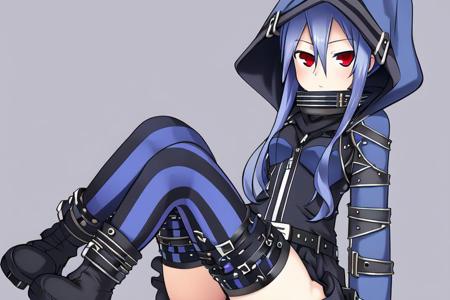 ethel blue hair long hair red eyes hooded jacket short dress striped clothes fingerless gloves sleeves past wrists belt thigh strap striped thighhighs boots