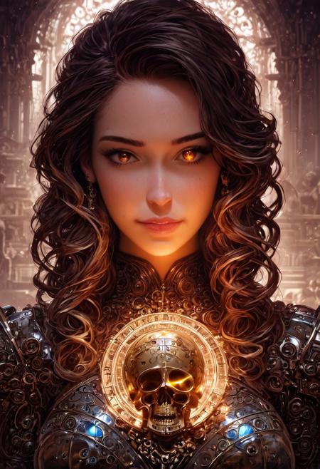 score_9, score_8_up, score_7_up, confident woman with voluminous curly black hair, vibrant eyes, purple and gold regal attire suggesting high status, intricate gold chest armor with symbols, mechanical gauntlets, holding a skull-shaped mechanical device with glowing eyes, technological and arcane elements combined, dark leather boots, gold chains, multiple ornate accessories, ambient tavern background with shelves of potions, alchemical and mechanical theme, (best quality,4k,8k,highres,masterpiece:1.2),ultra-detailed,(realistic,photorealistic,photo-realistic:1.37), fantasy setting, steampunk influence, confident stance, detailed facial features, sharp focus, rich textures, warm and moody lighting, elegant and powerful presence, magic, futuristic, color spread, cinematic, highly saturated colors, surreal atmosphere, ideal composition, dynamic dramatic light, perfect balance, aesthetic, very inspirational,, stunning, creative, complimentary, beautiful, unique, romantic, full, pretty, attractive, epic, best, winning, hopeful, colorful, amazing, inspired, extremely, cute, fantastic, inspiring