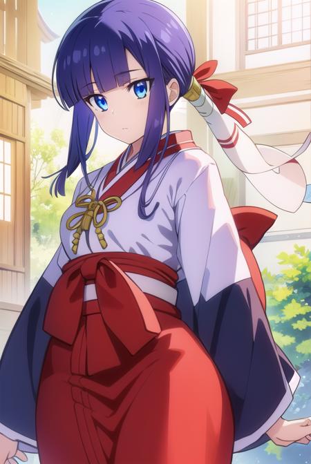 kanade takatsuki, long hair, blue eyes, very long hair, blue hair, hair ribbon, ponytail, sidelocks, blunt bangs, skirt, thighhighs, long sleeves, school uniform, black thighhighs, zettai ryouiki, skirt, long sleeves, japanese clothes, hakama, hakama skirt, miko, red hakama,