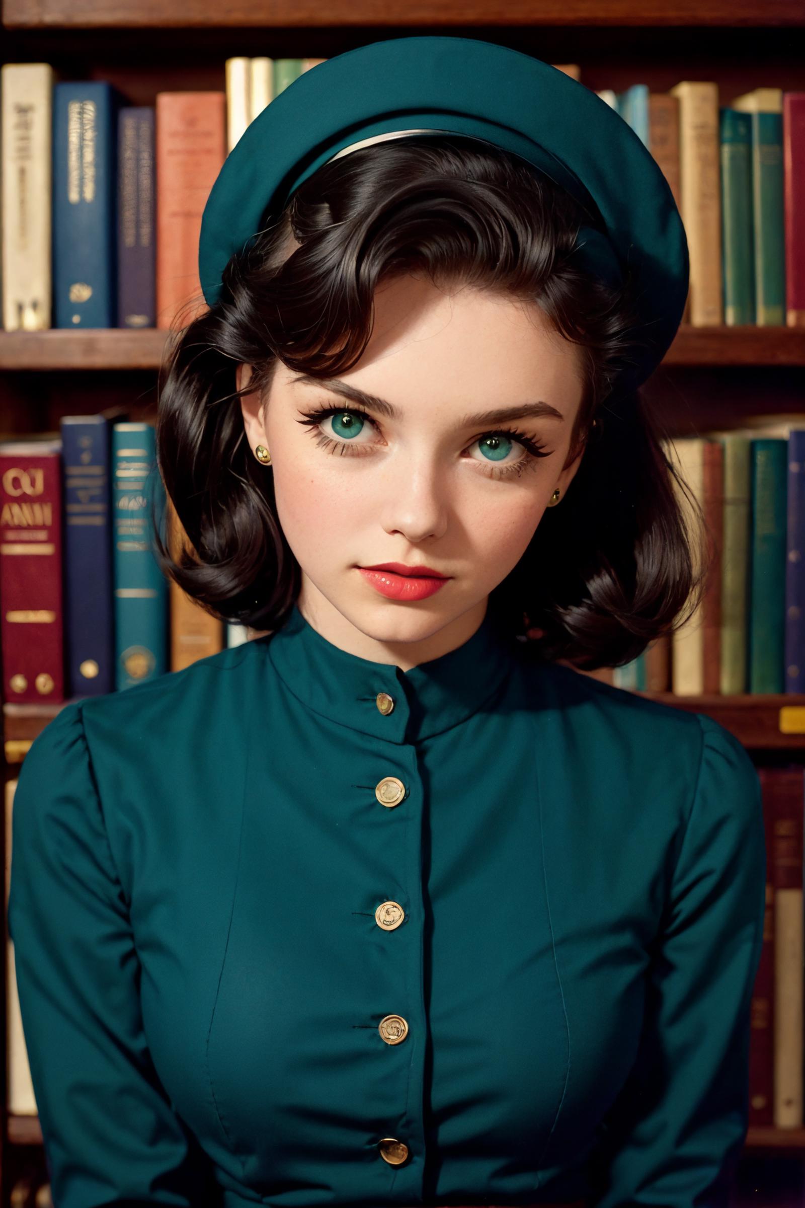 A young woman with blue eyes and a green shirt poses in front of a bookshelf.