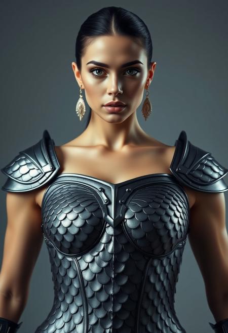 Symmetrical front view of Sevdaliza, beautiful, erotic pose, scale armour, masterful photography studio