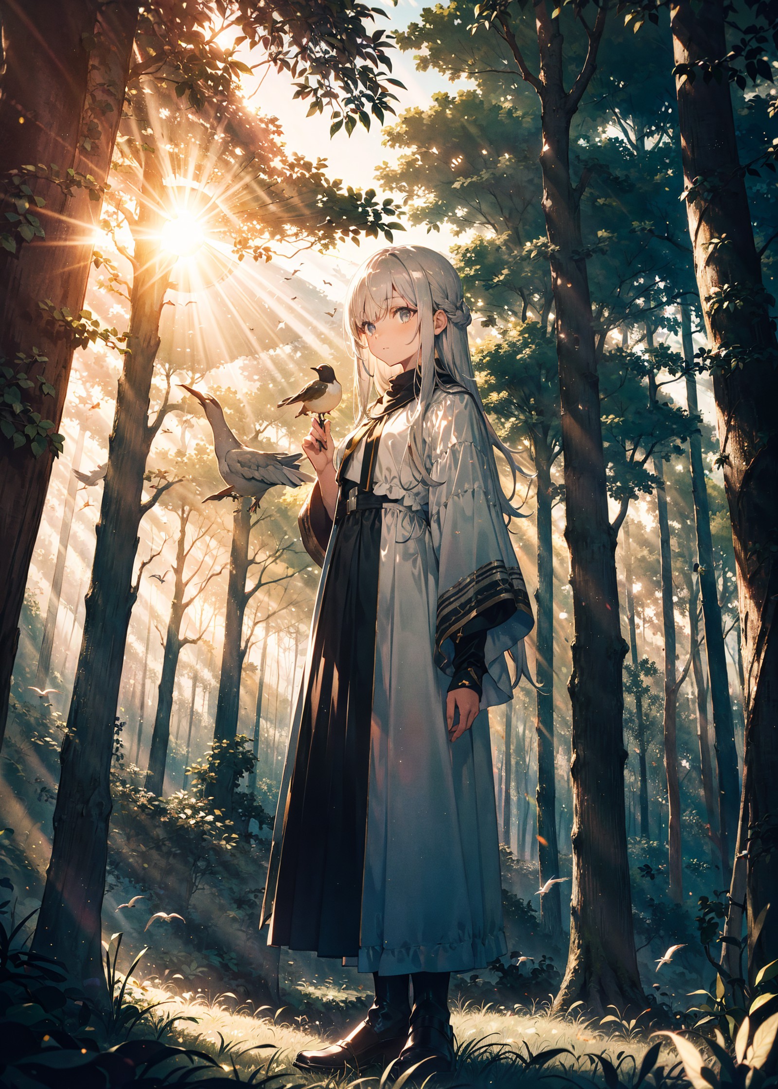 (Composition) A girl standing in the forest. (Girl) long silver hair, looking at the left side. girl looking at bird on he...