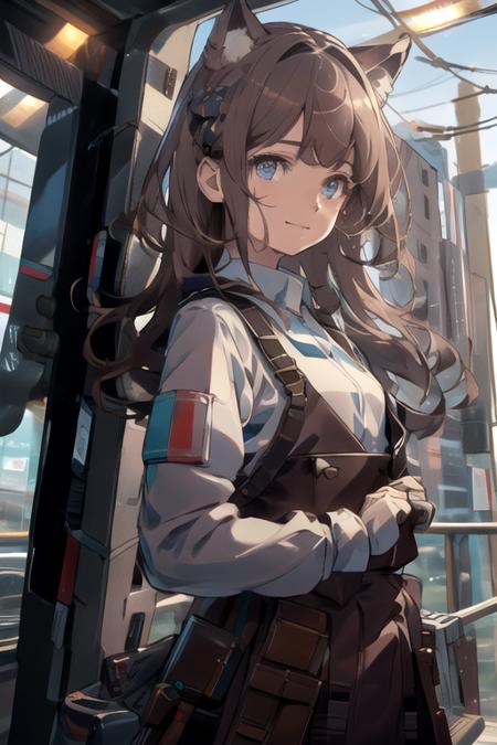 xsv5_style, masterpiece, high quality, 1girl, solo, detailed face, dutch angle, brown hair, blue eyes, (cute small cat), space station, detailed light, cinematic lighting, collared shirt, suspenders, suspender skirt, leaning, looking at viewer, light smile, wolf ears, wolf tail, <lora:xsniji_v5-10:1>