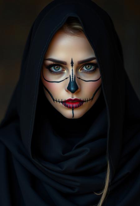 A head and shoulders portrait photo of a woman dressed as Death, very beautiful, mesmerizing, piercing eyes, staring deep into the camera, 8k