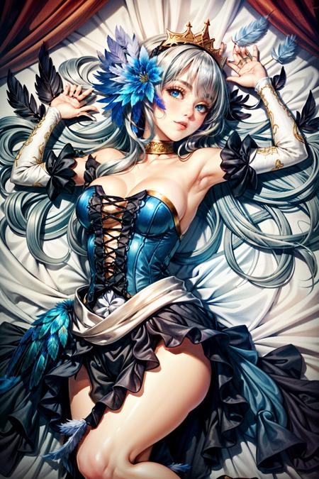 (masterpiece, best quality)
OdinSphereGwendolyn, 1girl, solo, long hair, (breasts:1.22), blue eyes, blonde hair, dress, cleavage, bare shoulders, medium (breasts:1.22), green eyes, braid, white hair, lying, parted lips, detached sleeves, on back, armpits, strapless, traditional media, ring, feathers, strapless dress, feather hair ornament, gown  <lora:epi_noiseoffset2:1>  <lora:add_detail:0.7>  <lora:OdinSphereGwendolyn:0.8>