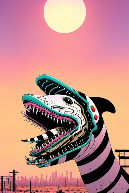 <lora:beetlejuiceSandy:.75> swpunk, (masterpiece, best illustration),  sammie sandworm, sandworm snake, (no humans),open mouth, tongue, teeth, summer time, vaporwave,  synthwave, city punk, sci-fi city, dust, in the Sahara desert, rim lighting, side lighting, (best anatomy),  kawaii, (dynamic angle),pov