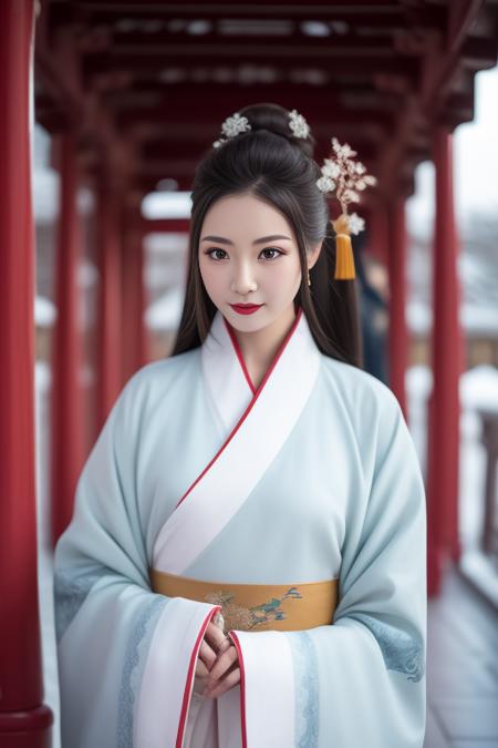 ltra-detailed,highly detailed,best quality,masterpiece,illustration,realistic,photorealistic,
1girl, solo,
hanfu-quju, hanfu, chinese clothes, chinese traditional clothes, long sleeves, wide sleeves, sash,layered clothes, layered sleeves, 
looking at viewer, upper body, ceremony, 
outdoors, photo background, east asian architecture, blue sky, wind, snow, winter,
<lora:hanfu quju_v1_01:0.8>