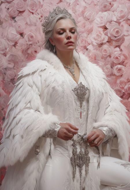 The Queen of Life, white robe, White feathers, White roses, white fur, relaxed expression, silver armour, sensual, hot, erotic pose, pink background, masterful painting in the style of Anders Zorn | Marco Mazzoni | Yuri Ivanovich, Todd McFarlane, oil on canvas