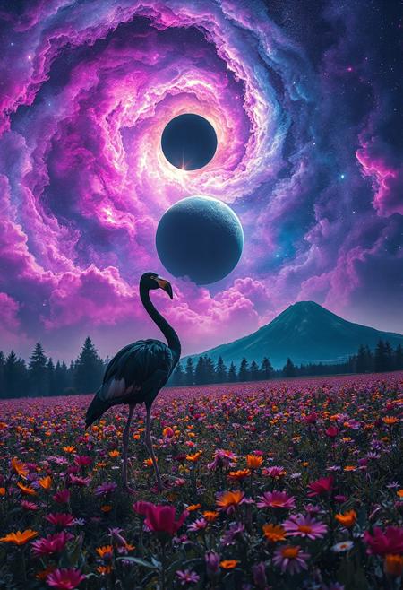A mystical scene of a black flamingo standing in a vibrant field of colorful wildflowers at night, gazing up at a breathtaking, glowing cosmic sky. The sky is filled with swirling nebula clouds in vivid shades of purple, blue, and pink, surrounding a dark planet or moon. Bright stars are scattered across the sky, creating a magical, dreamlike atmosphere. In the distance, dark pine forests and a tall mountain are visible under the surreal light. Highly detailed, cinematic, fantasy art style, vivid colors, ultra-realistic, ethereal, majestic.