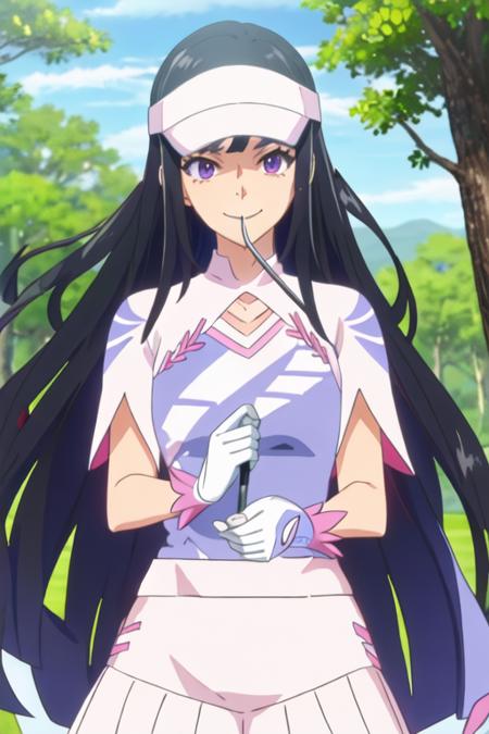 best quality, masterpiece, highres, solo, {amawashi_aoi_birdiewinggolfgirlsstory:1.15}, long_hair, black_hair, purple_eyes, smile, visor_cap, day, blue_hair, 1girl, tree, anime_coloring, gloves, parody, covering_mouth, looking_at_viewer, white_gloves, hat, nature, forest