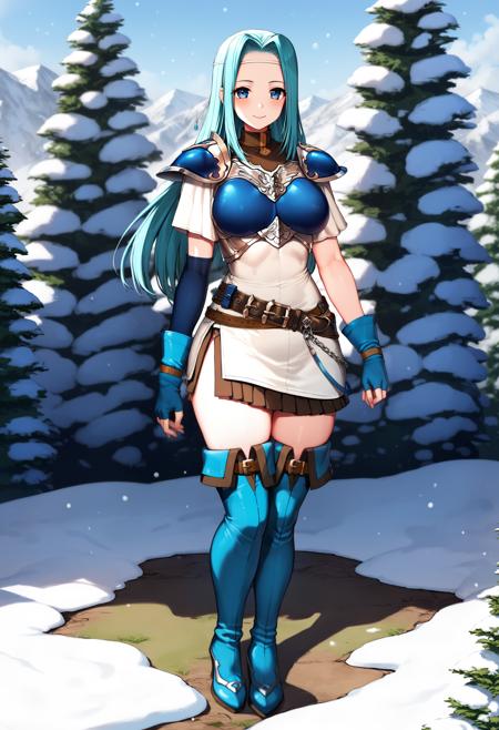 1girl,<lora:fiora fehXL:1>,fiora feh,breastplate,shoulder armor,asymmetrical gloves,white dress,slit skirt,belt,thigh boots,full body,standing,smile,snow,grass,looking at viewer,ultra-detailed,best quality,masterpiece