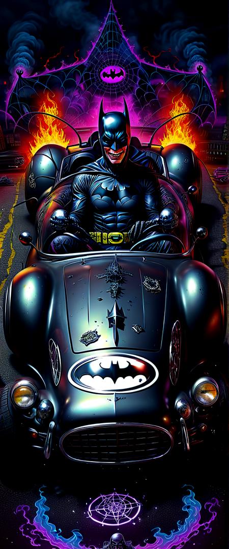 Occult satanic artwork batman driving a mini sh3lby car, speed, fast, psychedelic smoke, gotham city,,,. Pentagrams, demonic figures, inverted crosses, dark ritualistic horror