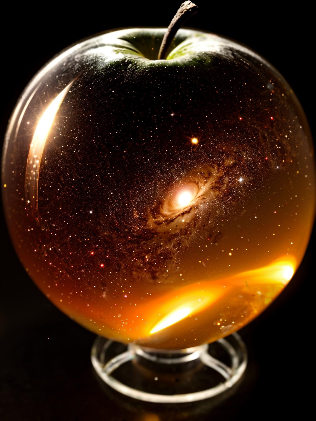 Glass apple with the galaxy inside, sitting on a glass stand.