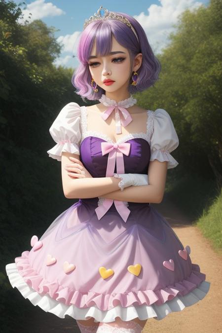 1girl, zadrisdm, pointed ears, yellow eyes, grey skin, short hair, dark purple hair, masterpiece, best quality, absurdres, gradient hair, multicolored hair, colored tips, medium breasts,
(pastel theme) magical girl, (pastel purple), bustier, magical girl dress, madoka dress, pastel colors, kawaii, frilled skirt, petticoat, thighhighs, puffy dress, puffy short sleeves, gloves, tiara hairband, gem brooch, bow, ribbons, lace trim, frills, frilled fabric, sparkles, glitter, heart earrings, heart accessories, jewelry, frilled boots,
lipstick, pink lips, long eyelashes, pink eyeshadow, light blush, makeup,  
outdoors, nature, clouds,
solo, cowboy shot, looking to the side, half-closed eyes, pouty lips, pout, :T, crossed arms, annoyed, eye twitch