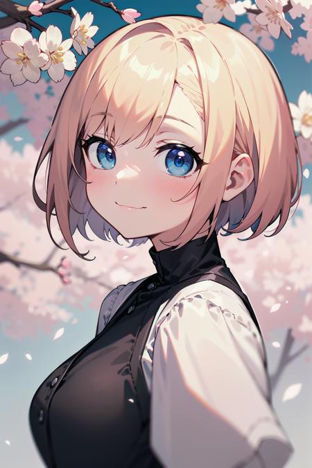 masterpiece, best quality, short hair, [pink hair | blonde hair], blue eyes, [smile | :3], [close-up | wide shot], [white dress | black dress], cherry blossoms,