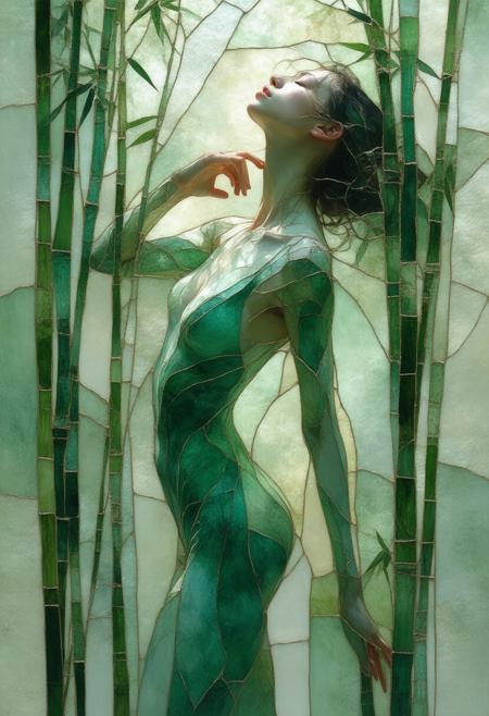 A dynamic and evocative depiction of a woman in a leotard, intertwined with bamboo stalks, rendered in a fractured, stained-glass Cubist style. The scene shatters into geometric shards, revealing fragmented perspectives of graceful movement, the smooth texture of the leotard, the cool, green hues of the bamboo, and a sense of controlled power, all bathed in a soft, diffused light. The palette utilizes deep emerald greens, vibrant crimson reds, and stark blacks, punctuated by bold white outlines and a subtle, inner luminescence highlighting the contours of the body and the intricate grain of the bamboo. Photorealistic details of the fabric's drape, the muscles' definition, the bamboo's knots and growth rings, and the skin's subtle sheen harmonize with the fragmented composition, creating a striking fusion of strength and elegance. Ultra detailed, 8k resolution, volumetric lighting, octane render, emphasizing the interplay of light and shadow and evoking a feeling of poised energy.