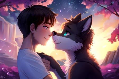 (masterpiece, highest quality, 16k, high quality, best quality:1.3, highres, digital painting \(artwork\), anthropomorphic, furry, uploaded_on_e621:1.4, detailed background,amazing background,light particles), SDNose2Nose, (1boy, human), (1girl, furry), side view, nose to nose, boop, nose boop, <lora:nose_to_nose-v1:0.7>