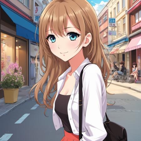 anime of  a gorgeous girl, flirting in the street