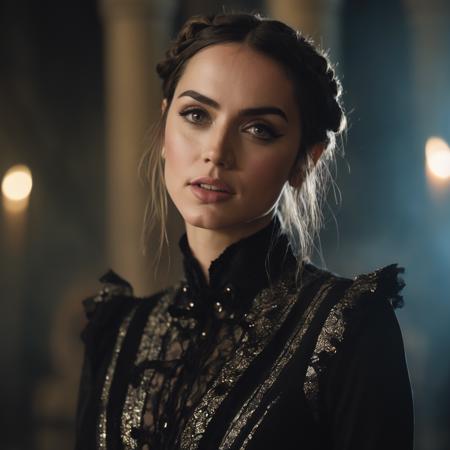 closeup of (ohwx woman) wearing gothic clothes, braided pigtails, in a castle, sharp focus, looking at the camera, makeup, cinematic look, <lora:ana_lora_sdxl_v3-slim:1>, night time, Mystical atmosphere