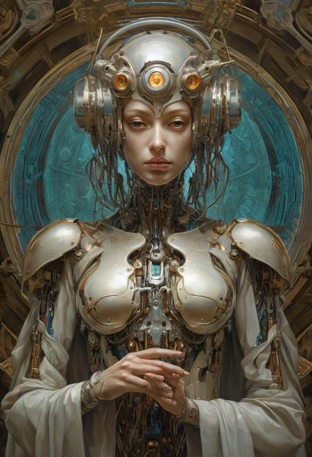 Cyborg android, fantasy, pre-raphaelite style, sinozick, Alphonse Mucha, Agostino Arrivabene, Peter Mohrbacher