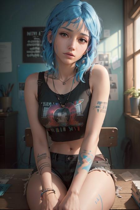 ((masterpiece)), (best quality:1.3), high quality, extremely detailed CG unity 8k wallpaper, half body, ((cropped arms)), upper body, chloe price, chloeprice, blue hair, brown eyes, ((atmospheric)), sitting, hyperrealistic, ultra detailed, tshirt, tattoos, cool bedroom, posters on wall, dust particles, depth of field, soft focus, soft focus,  chromatic aberration<lora:chloePriceLifeIs_10:0.7> <lora:epiNoiseoffset_v2:1>