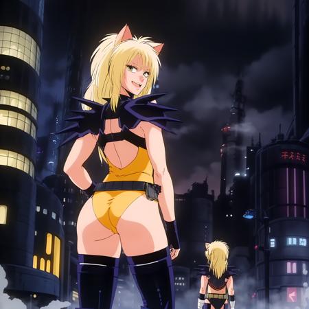 PumaSisters,1girl,blonde hair,longhair,cat ears, yellow leotard,shoulder armor, belt, black thighhighs, knee pads,