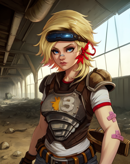 Tina,blue eyes,blonde hair,
belt,goggles on head,fingerless gloves,bandaid on face,jeans,hair ribbon,armor,
standing,upper body,
western bar,wastelands,
(insanely detailed, beautiful detailed face, masterpiece, best quality),solo,<lora:Tina-10BL3v2:0.8>,