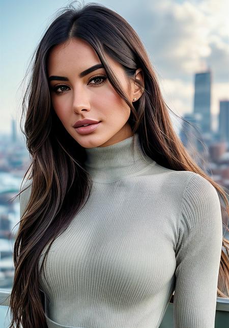 beautiful woman (Zayn3b4zz4m:.99), beautiful hair, elegant,  ((portrait)), (closeup:1.1), ((from the waist up)), (sunlit city:1.2), (at noon, small clouds:1.5)  hair blowing in wind, wind lift, natural skin texture, ((turtleneck leotard  with spandex tights:1.2)), 24mm, 4k textures, soft cinematic light, adobe lightroom, photolab, hdr, intricate, elegant, highly detailed, sharp focus, ((((cinematic look)))), soothing tones, insane details, intricate details, hyperdetailed, low contrast, soft cinematic light, exposure blend, hdr, faded,