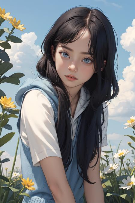 (masterpiece, best quality),1girl, solo, flower, long hair, outdoors, letterboxed, school uniform, day, sky, looking at viewer, short sleeves, parted lips, shirt, cloud, 
light wavy hair,streaked hair,hoodie,sweater vest, upper body, blue sky, depth of field