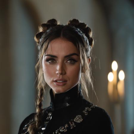 closeup of (ohwx woman) wearing gothic clothes, braided pigtails, in a castle, sharp focus, looking at the camera, makeup, cinematic look, <lora:ana_lora_sdxl_v3-000008:1>, night time, Mystical atmosphere