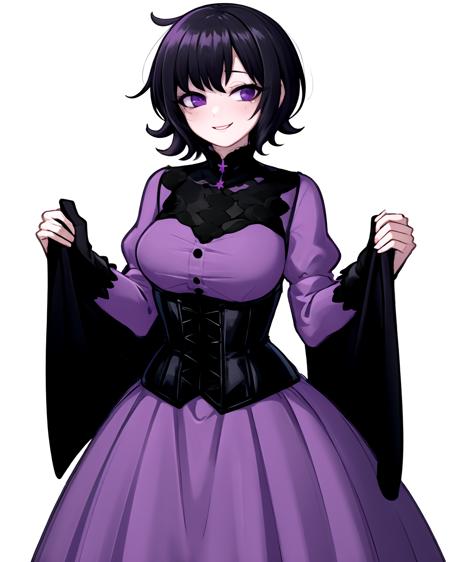 Black hair,  short hair,  goth,  purple dress,  purple eyes,  purple dress,  black corset,  smile,  tired,  (white background:1.3),  cowboy shot,  solo,  1girl, <lora:EMS-43696-EMS:0.700000>