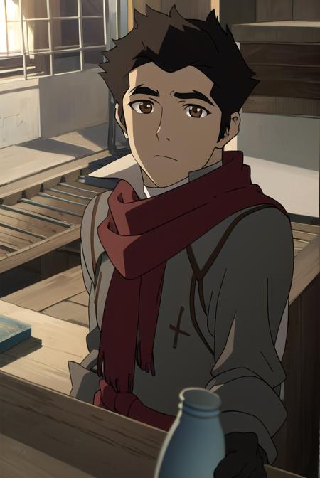 mako, 1boy, mature male, short hair, black hair, (brown eyes:1.5), jacket, red bodysuit, earrings, tank top, white tank top, gloves, scarf, sleeves rolled up, red scarf,