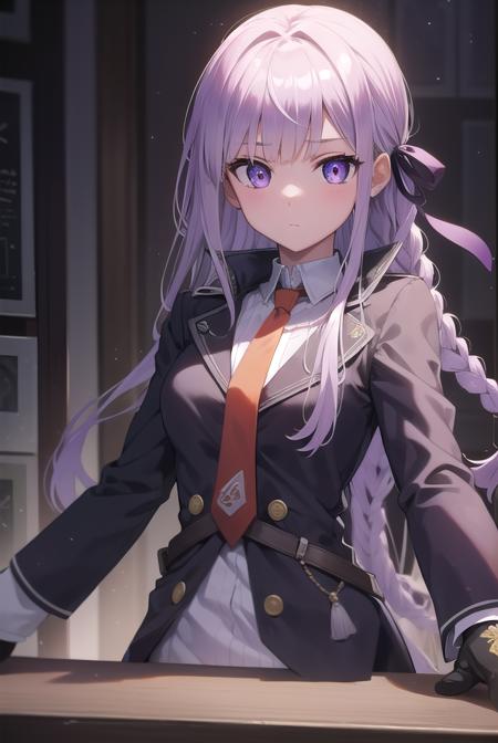 kyokokirigiri, <lora:kyokokirigiritest:1>, kyoko kirigiri, (braid:1.1), hair behind ear, long hair, (side braid:1.1), light purple hair, hair ribbon, ribbon, (purple eyes:1.1), (small breast:1.2),
BREAK black gloves, brown necktie, collared shirt, gloves, jacket, necktie, orange necktie, shirt, side braid, white shirt,
BREAK indoors, classroom,
BREAK looking at viewer, 
BREAK <lora:GoodHands-vanilla:1>, (masterpiece:1.2), best quality, high resolution, unity 8k wallpaper, (illustration:0.8), (beautiful detailed eyes:1.6), extremely detailed face, perfect lighting, extremely detailed CG, (perfect hands, perfect anatomy),