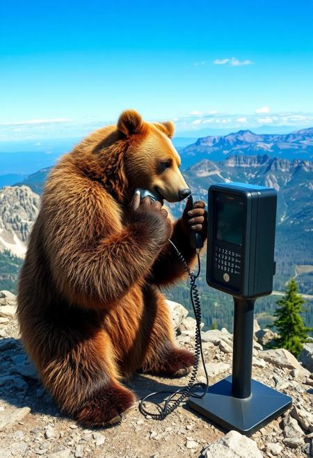 A grizzly bear using a payphone on a rocky mountaintop with a view