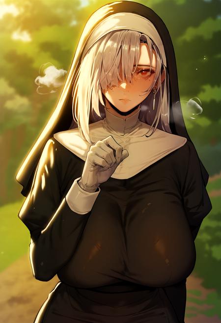 long hair, hair over one eye, mole under eye, bangs, grey hair, earrings, red eyes habit, nun, white gloves, long sleeves, black dress