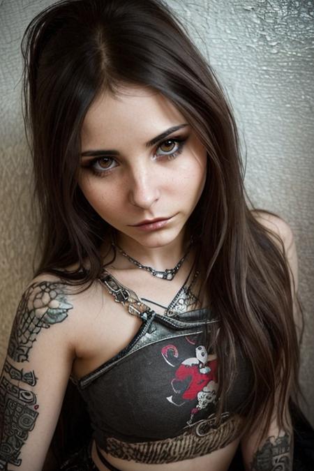 an unfiltered photograph of a young lady looking like  LunaEv1 in a [grunge | rock] style with an Unwavering gaze