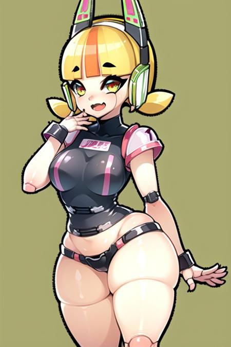 odangocrushcrush, 1girl, solo, breasts, green eyes, yellow hair, short hair, bangs, android, arm and leg joints, white skin, multicolored hair, headphones,