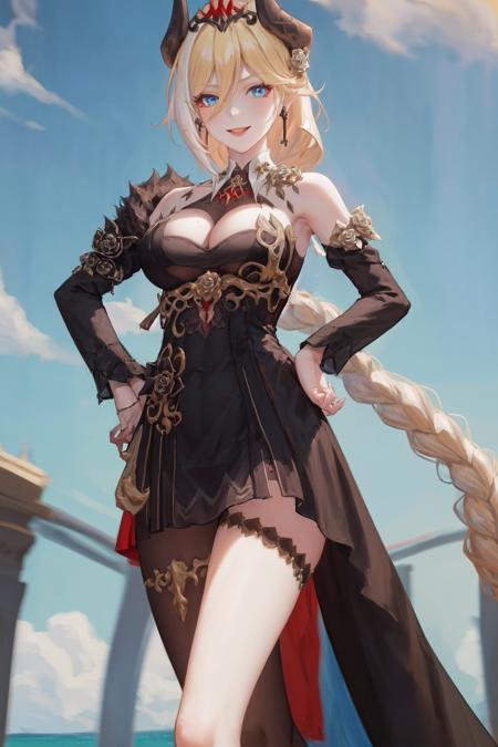 masterpiece, best quality, highres, 1girl blue eyes hair flower horns earrings braided ponytail tiara, black dress bare shoulders breasts cleavage black gloves long sleeves single thighhigh fur trim detached collar <lora:durandal_nibelungen_traumlied:1> smile, standing, hand on hip