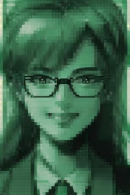 <lora:mgscodec:0.85> mgscodec, green theme, portrait, monochrome, 1girl, medium hair, glasses, smile, closed mouth