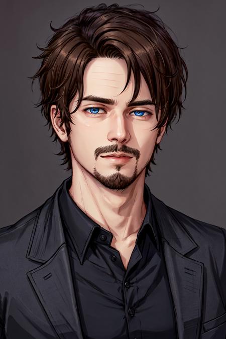 Xander Ellis,  solo,  looking at viewer,  short hair,  blue eyes,  brown hair,  shirt,  1boy,  closed mouth,  jacket,  male focus,  black shirt,  facial hair,  portrait,  realistic,  light stubble, <lora:EMS-45585-EMS:0.400000>