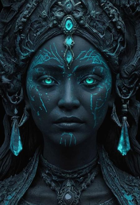 Completely black screen, absolutely nothing, pure black, detailed, but the old goddess with glowing aquamarine eyes are rising, FastNegativeV2,
