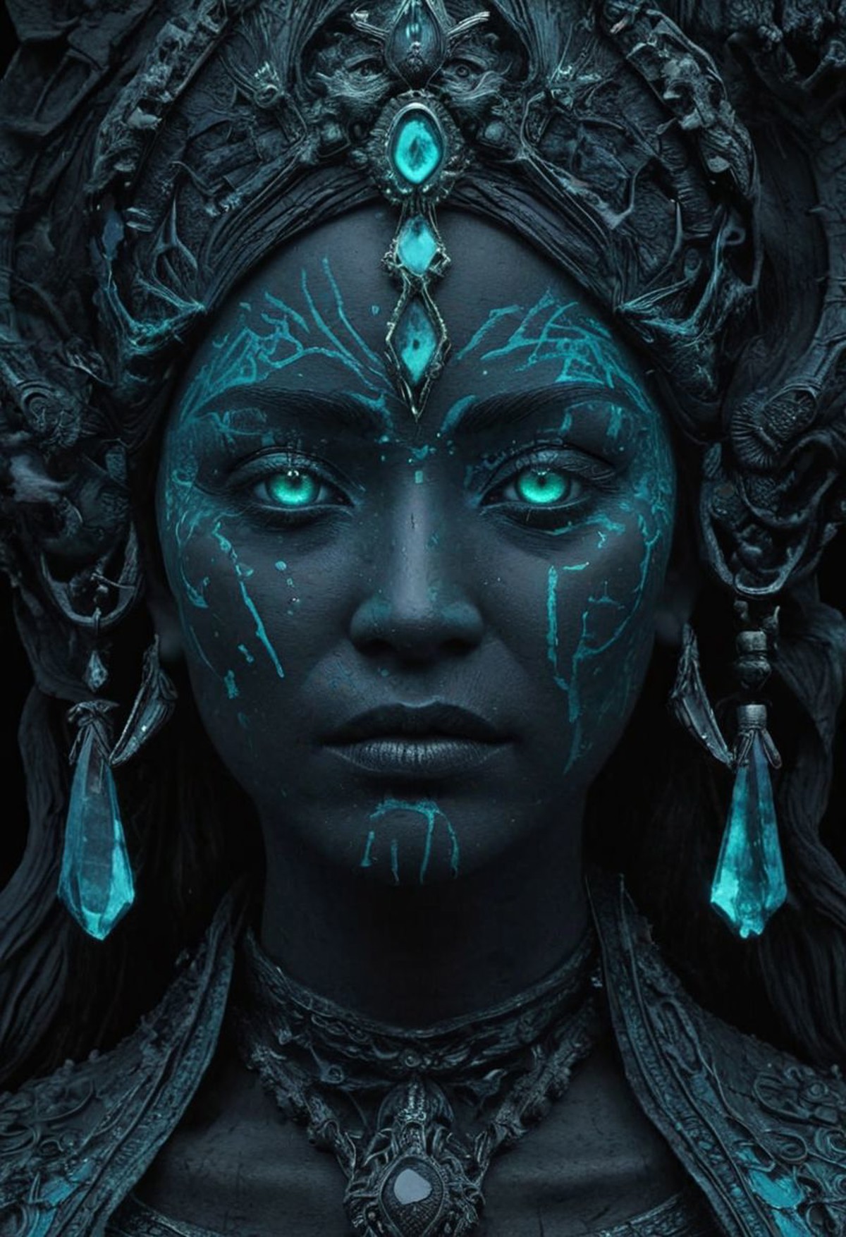 Completely black screen, absolutely nothing, pure black, detailed, but the old goddess with glowing aquamarine eyes are ri...