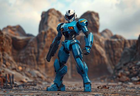 "A hyper-detailed concept art scene featuring the Elemental HERO Inferno, a vibrant blue robot standing confidently against a Mystic Mine background. The robot's head is black, contrasting with its white helmet, and it wields a gun in its right hand while resting its left hand on its hip, adding to its assertive stance. Positioned slightly off-center, the composition is balanced and dynamic. Rendered in hyper-realistic 3D with Octane Render, the scene showcases sharp lines, stunning colors, and impeccable balance. Inspired by contemporary aesthetics and Grammer Effect Style, the image conveys vivid emotions and a powerful message. Trending on ArtStation, 4K, ultra-detailed, and impeccably composed."