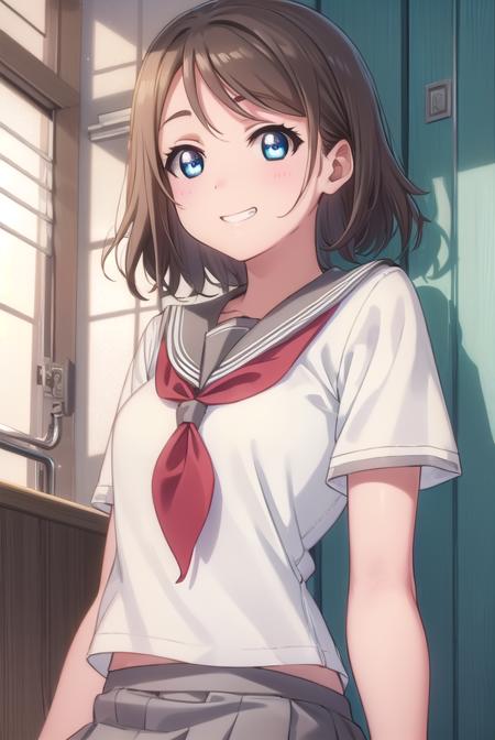 youwatanabe, <lora:you watanabe s2-lora-nochekaiser:1>,
you watanabe, short hair, blue eyes, brown hair, smile, grin,
BREAK skirt, school uniform, short sleeves, pleated skirt, serafuku, socks, neckerchief, kneehighs, black socks, (red neckerchief:1.2), grey skirt, uranohoshi school uniform,
BREAK indoors, classroom,
BREAK looking at viewer, (cowboy shot:1.5),
BREAK <lyco:GoodHands-beta2:1>, (masterpiece:1.2), best quality, high resolution, unity 8k wallpaper, (illustration:0.8), (beautiful detailed eyes:1.6), extremely detailed face, perfect lighting, extremely detailed CG, (perfect hands, perfect anatomy),