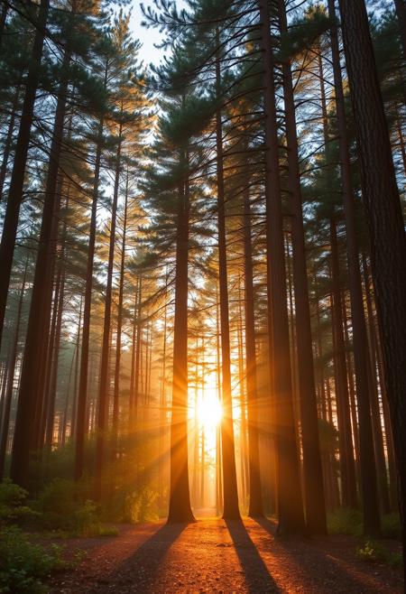 Japanese forest, warm summer evening light, tall trees