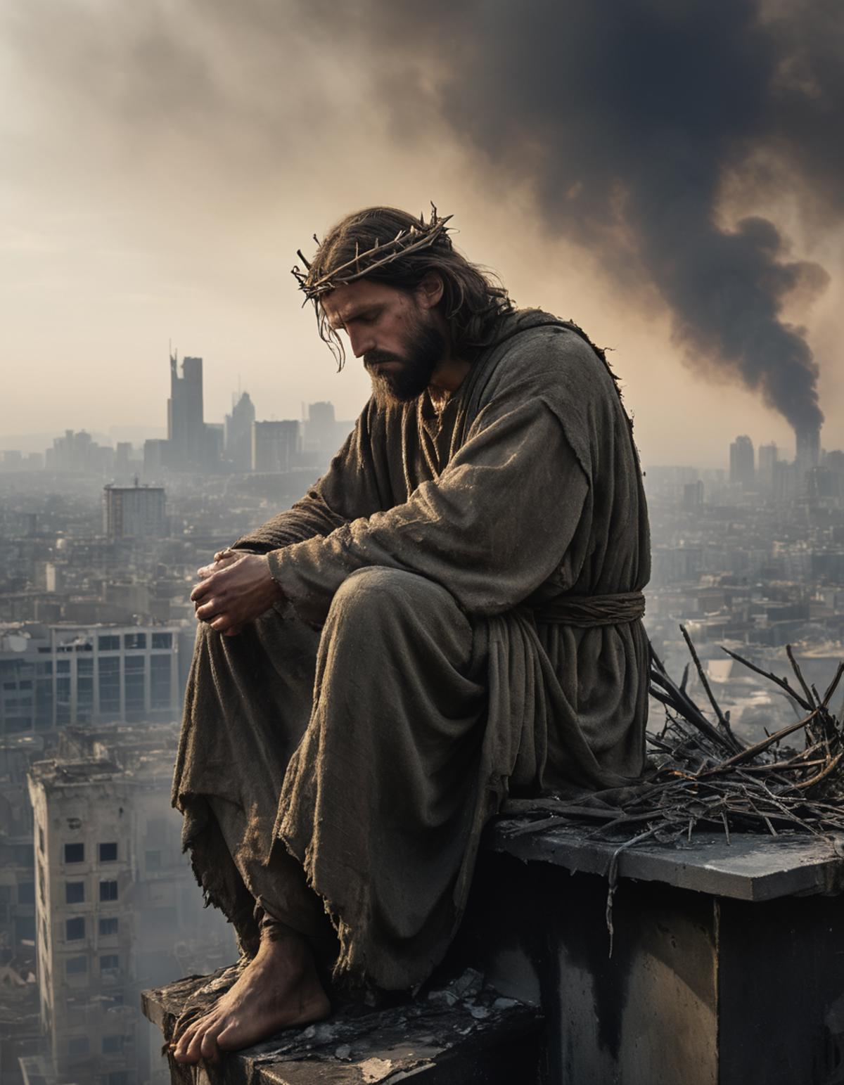 Jesus sitting on a ledge in a cityscape