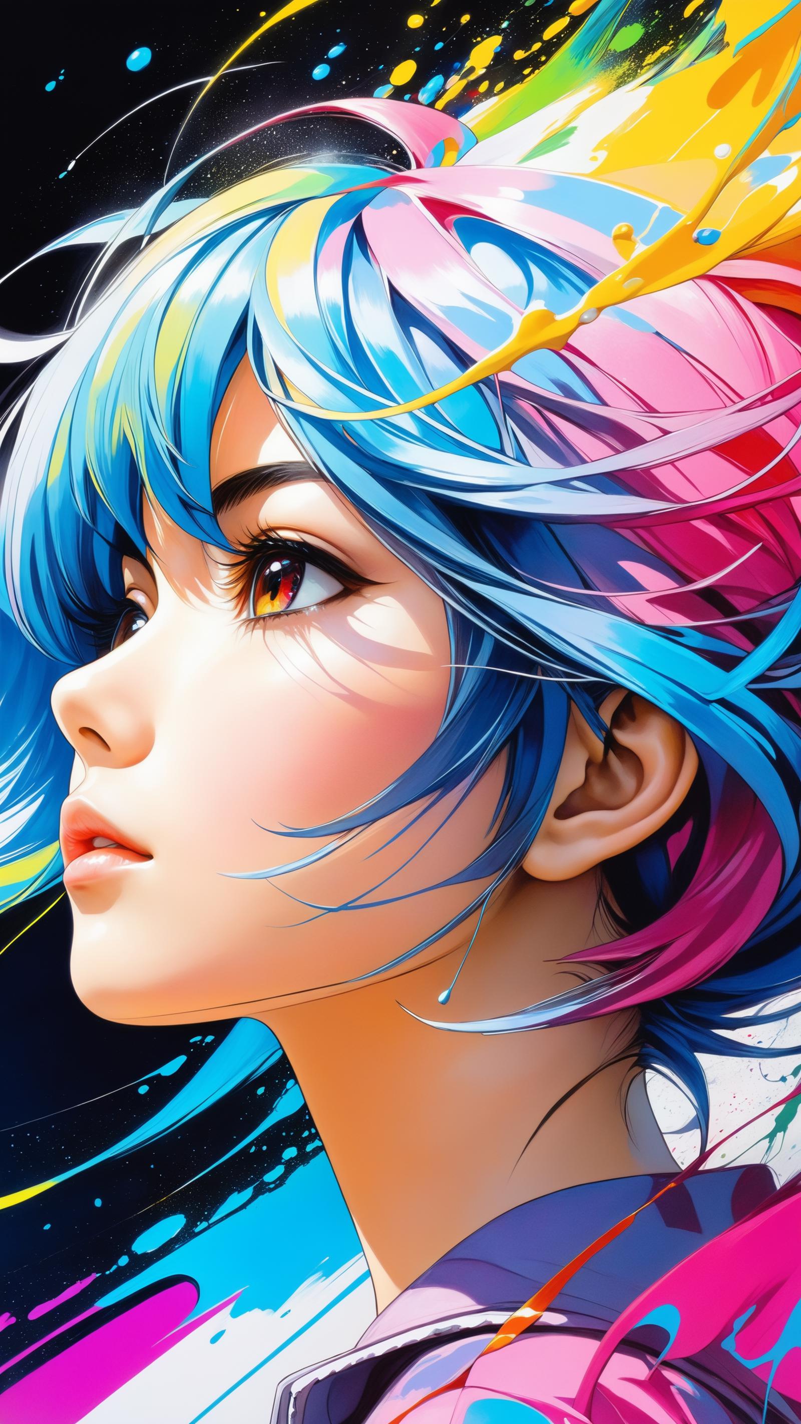 Anime-style digital art of a young woman with blue hair, red eyes, and pink tips.