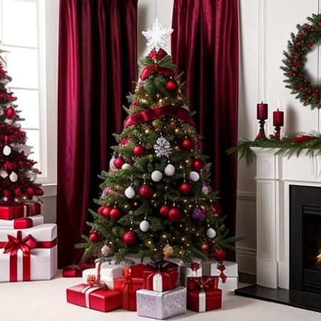 Exquisite white christmas with purple-red silk, beautiful christmas tree with diamond star with green tree and rubies