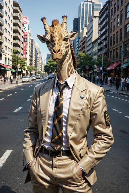 1kaijin, full_body, solo, yellow_eyes, no_humans, outdoors, street, city, cars, people,
giraffe, suit,  necktie, eyelashes, 
<lora:kaijin_v1_mix:1>
(masterpiece,  best_quality:1.3), (realistic:1.3), photorealistic,